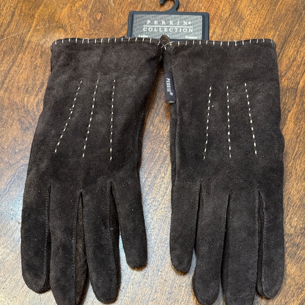 Perrin Collection Dark Brown Suede Gloves